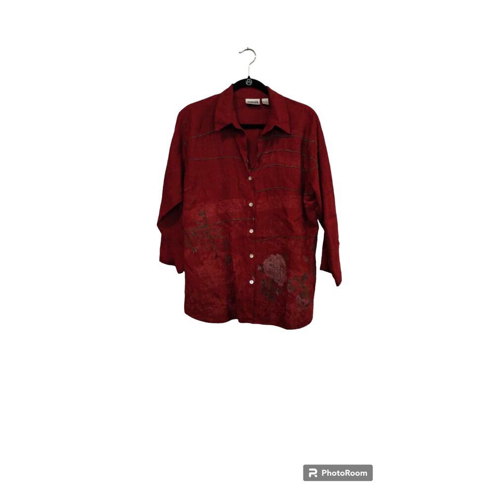 Chico's Design Red and floral abstract print 100% linen long sleeve button down